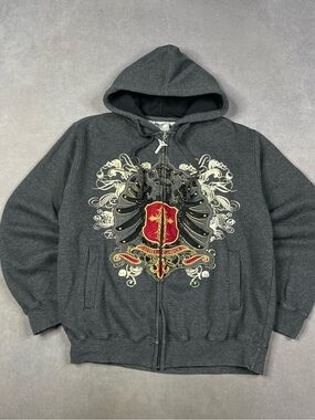 Avirex Dark Gray Zip-Up Hoodie with Red & Gold Crest Y2K